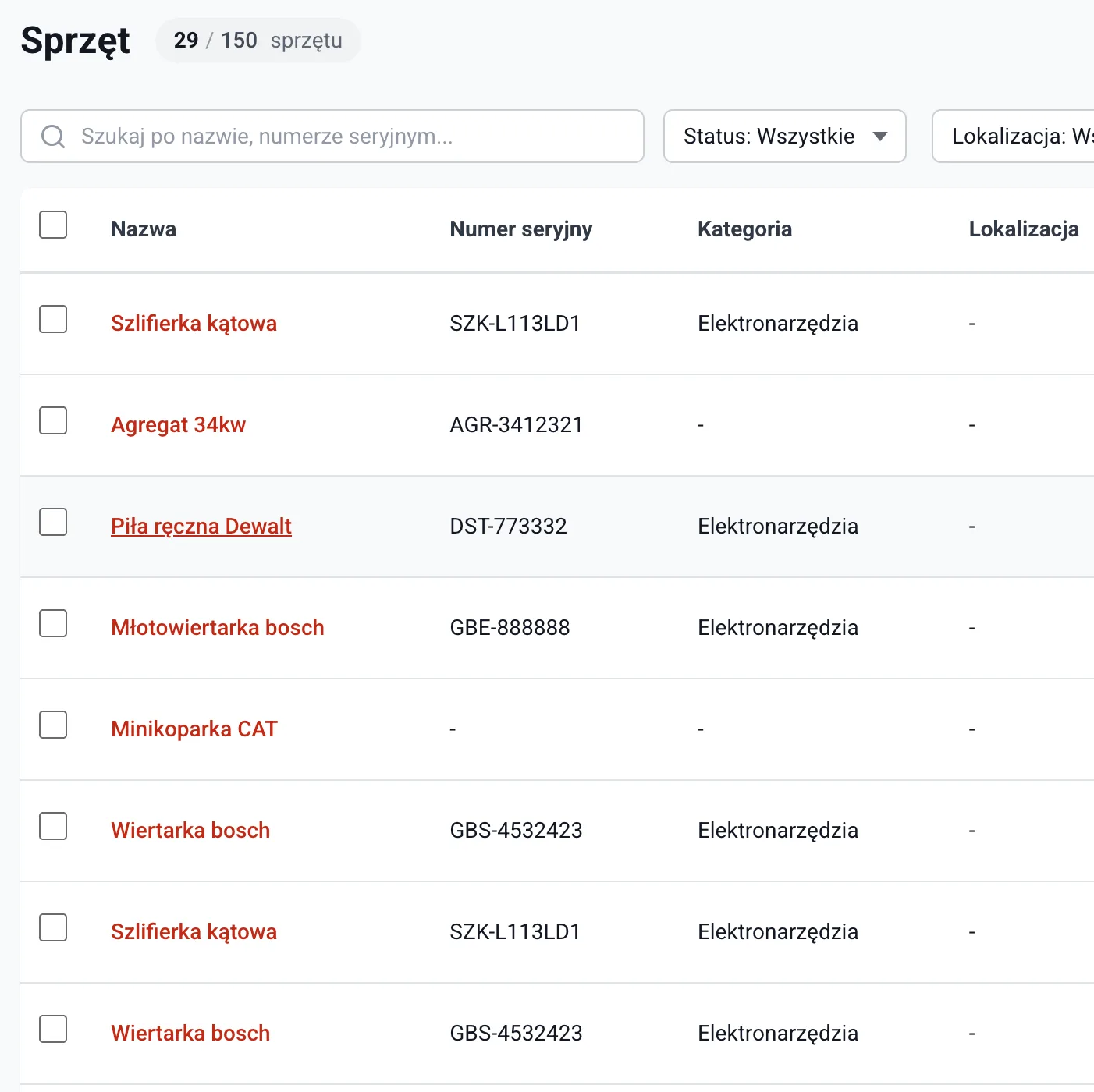 Lista sprzętu w Toolero - nazwy, numery seryjne, kategorie, filtry
